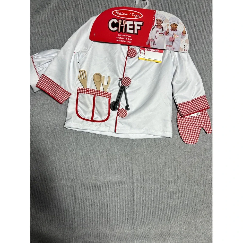 Melissa &‎ Doug Chef Costume Kids Size 3-6 White Red Gingham Role Play Set